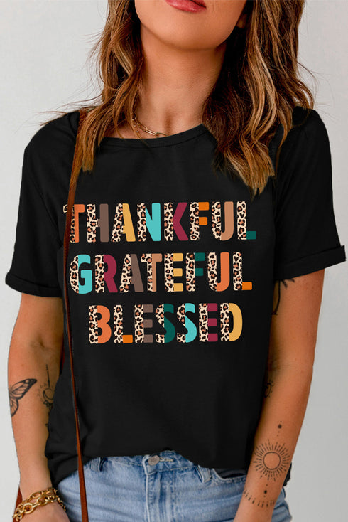 Leopard Pattern Text Graphic Crew Neck Short Sleeve Tee