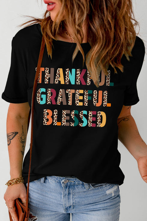 Leopard Pattern Text Graphic Crew Neck Short Sleeve Tee