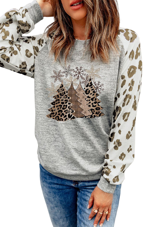 Leopard Plaid Tree Graphic Raglan Sleeve Pullover Sweatshirt