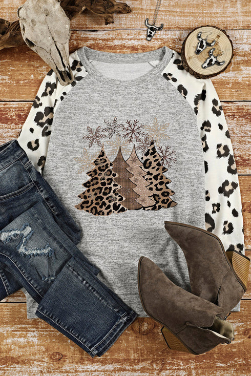 Leopard Plaid Tree Graphic Raglan Sleeve Pullover Sweatshirt
