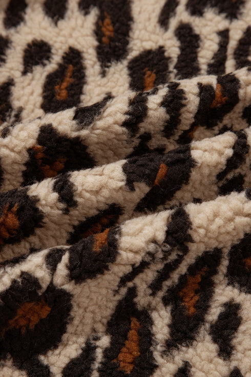 Leopard Plush Corduroy Trim Long Sleeve Jacket