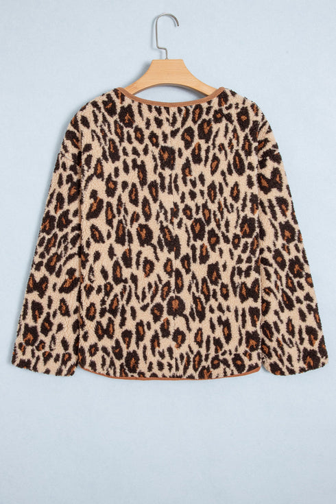 Leopard Plush Corduroy Trim Long Sleeve Jacket