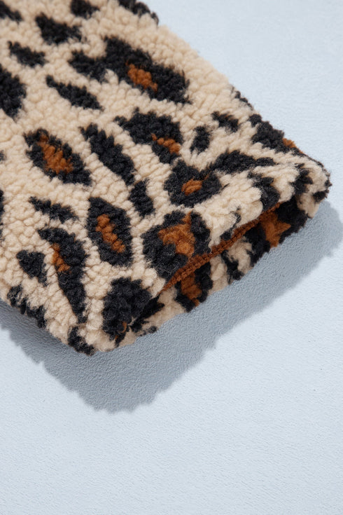 Leopard Plush Corduroy Trim Long Sleeve Jacket