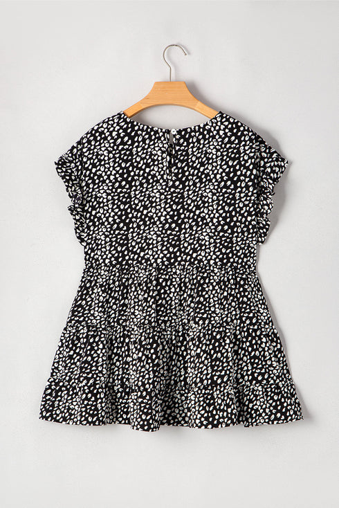 Leopard Polka Dot Print Ruffle Sleeve Tiered Flowy Blouse