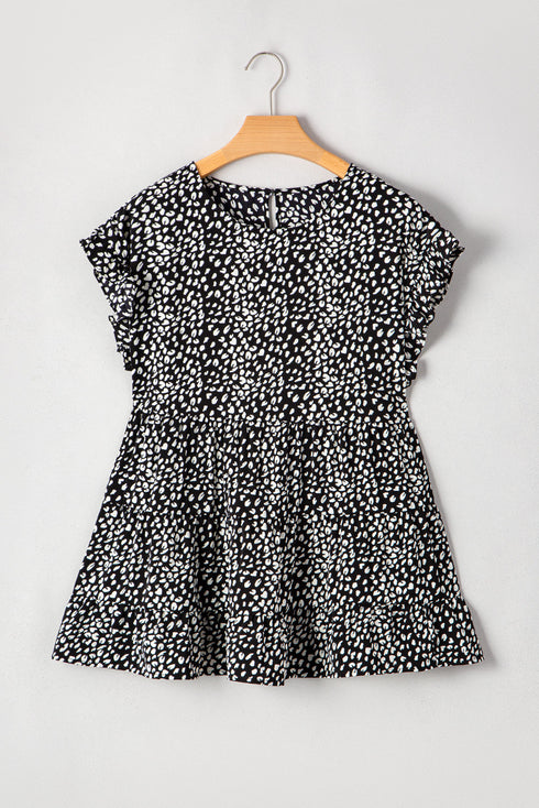 Leopard Polka Dot Print Ruffle Sleeve Tiered Flowy Blouse