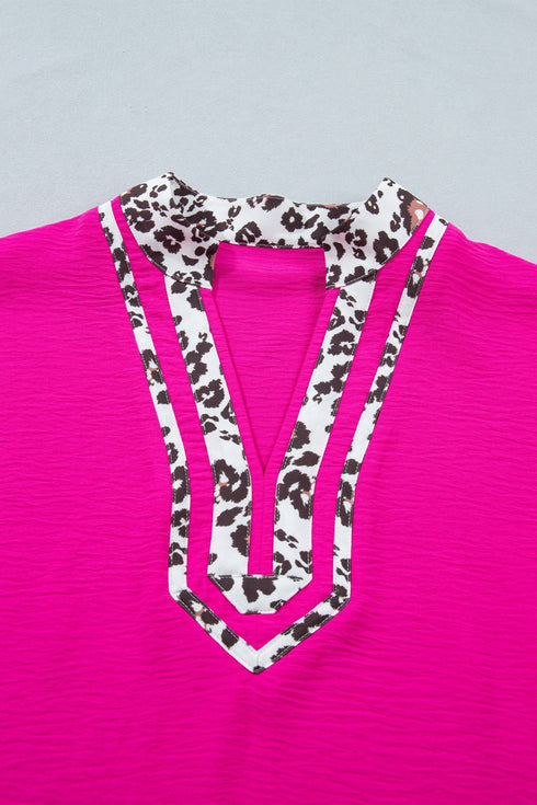Leopard Print Accent Notched Neck Short Sleeve Top