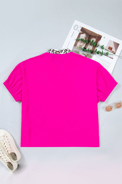 Leopard Print Accent Notched Neck Short Sleeve Top