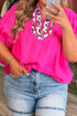 Leopard Print Accent Notched Neck Short Sleeve Top