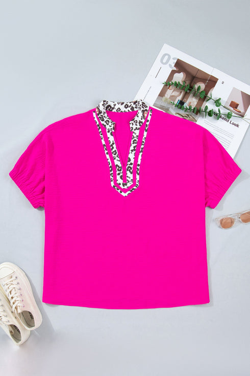 Leopard Print Accent Notched Neck Short Sleeve Top