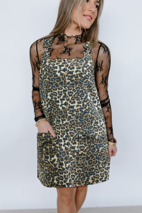 Leopard Print Adjustable Buckle Strap Bib Overall Pocketed Denim Mini Dress