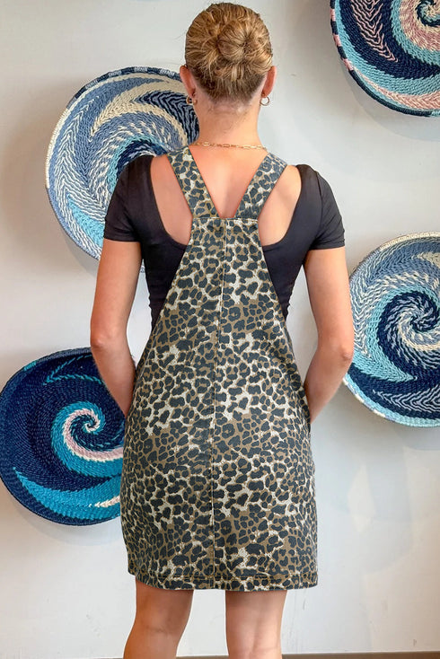 Leopard Print Adjustable Buckle Strap Bib Overall Pocketed Denim Mini Dress