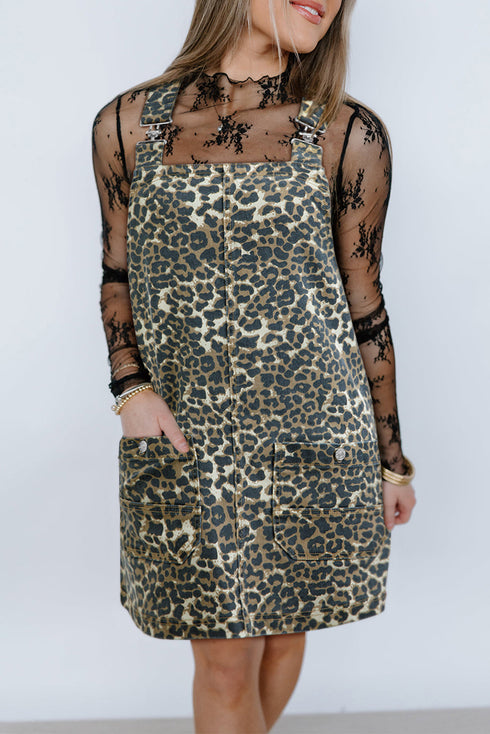 Leopard Print Adjustable Buckle Strap Bib Overall Pocketed Denim Mini Dress