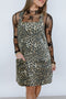 Leopard Print Adjustable Buckle Strap Bib Overall Pocketed Denim Mini Dress