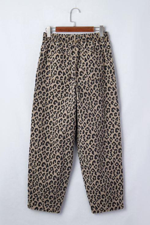 Leopard Print All Over Drawstring Loose Fit Western Jeans