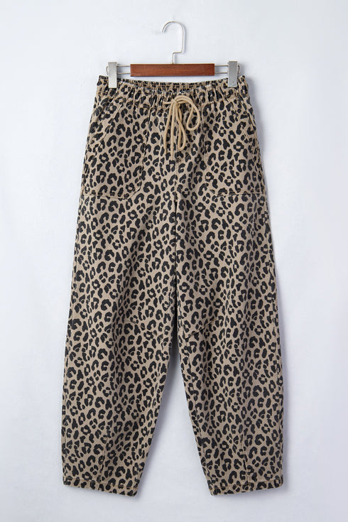 Leopard Print All Over Drawstring Loose Fit Western Jeans