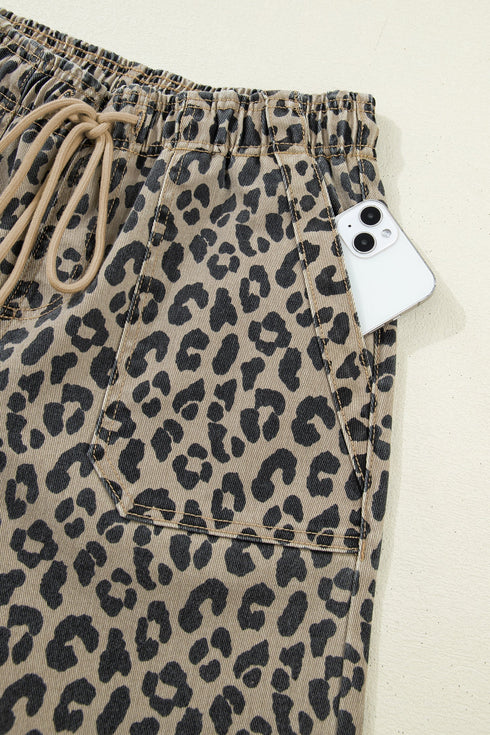 Leopard Print All Over Drawstring Loose Fit Western Jeans