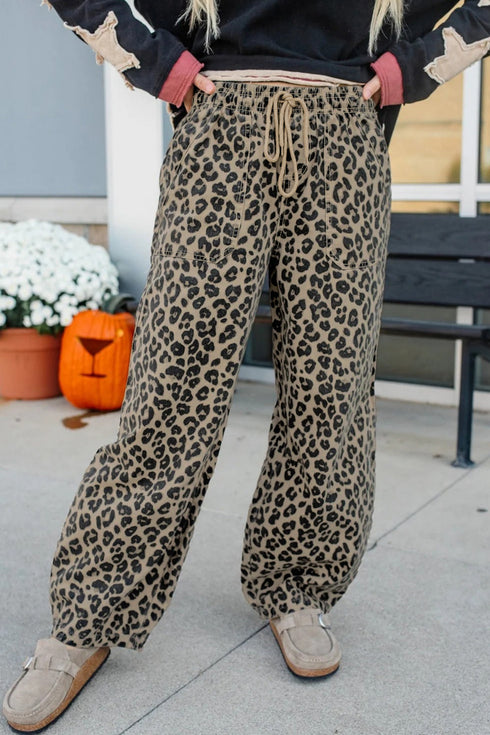 Leopard Print All Over Drawstring Loose Fit Western Jeans