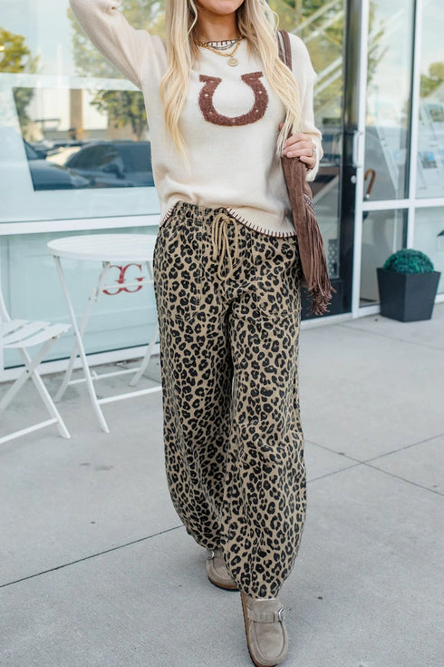 Leopard Print All Over Drawstring Loose Fit Western Jeans