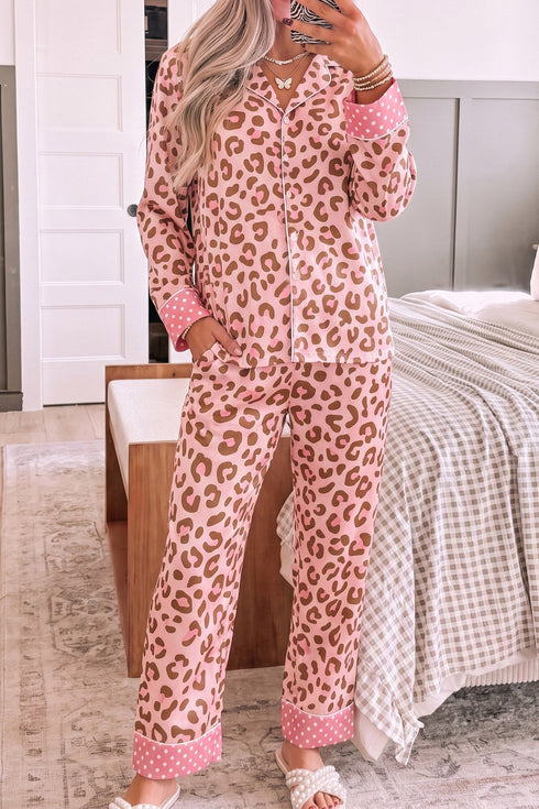 Leopard Print And Polka Dot Trim Lapel Pajama Lounge Set
