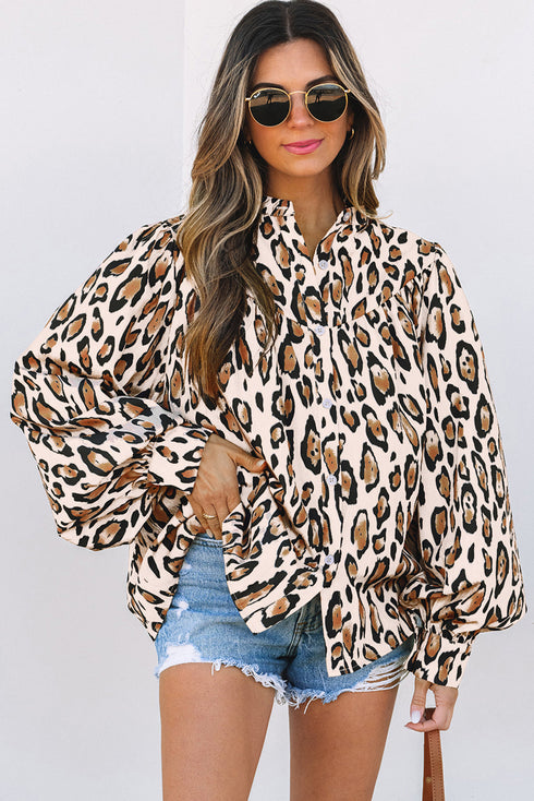 Leopard Print Balloon Sleeve Button Front Woven Blouse