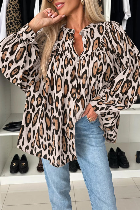 Leopard Print Balloon Sleeve Button Front Woven Blouse