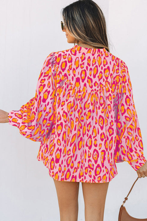 Leopard Print Balloon Sleeve Button Front Woven Blouse