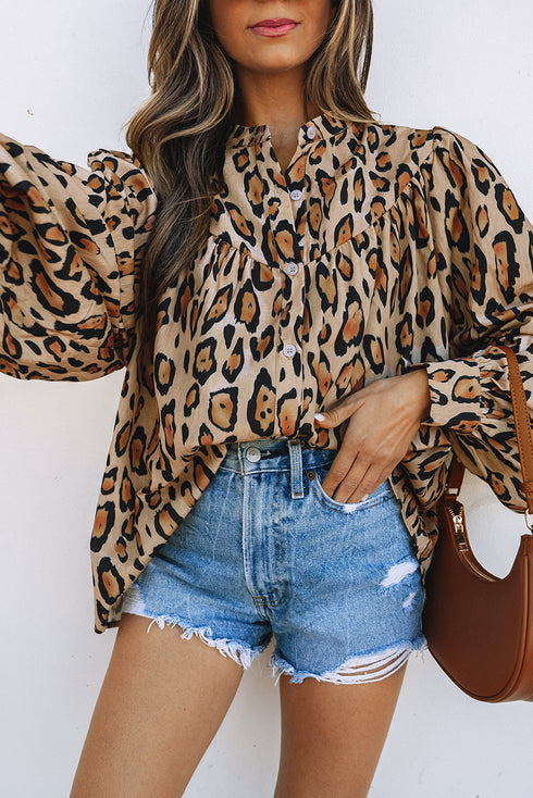 Leopard Print Balloon Sleeve Button Front Woven Blouse