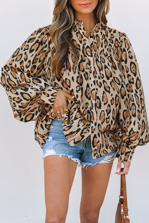 Leopard Print Balloon Sleeve Button Front Woven Blouse