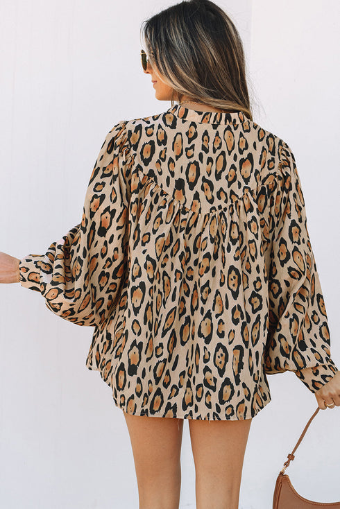 Leopard Print Balloon Sleeve Button Front Woven Blouse