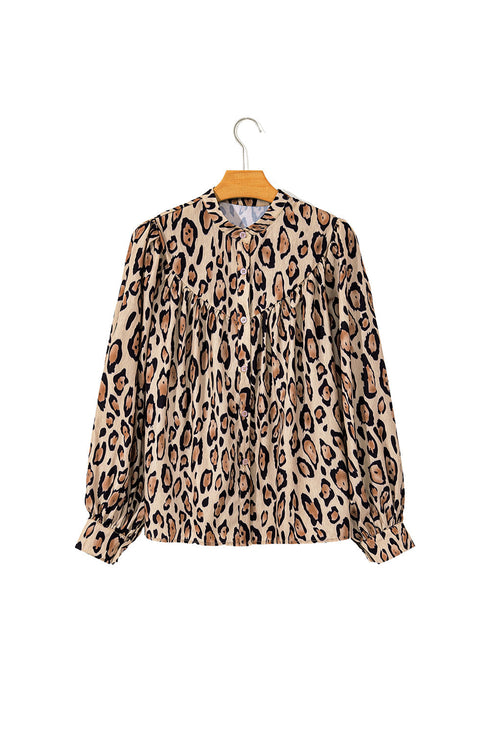 Leopard Print Balloon Sleeve Button Front Woven Blouse
