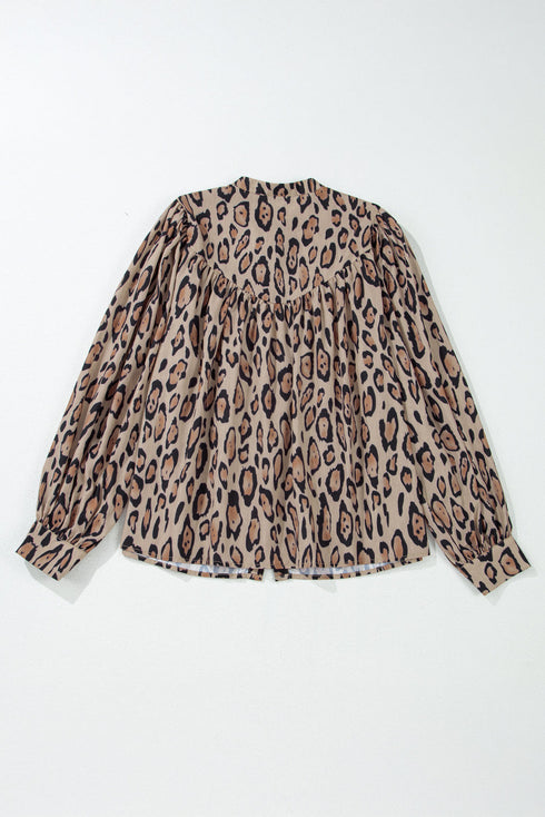 Leopard Print Balloon Sleeve Button Front Woven Blouse