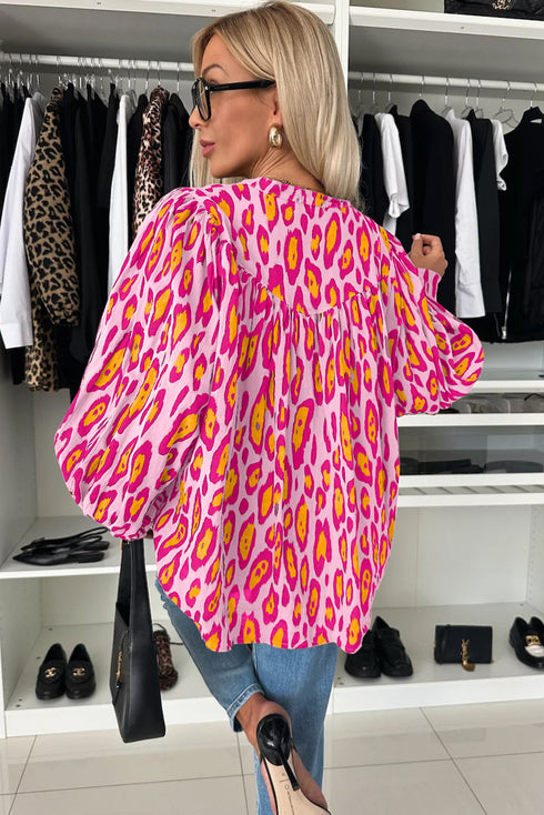 Leopard Print Balloon Sleeve Button Front Woven Blouse