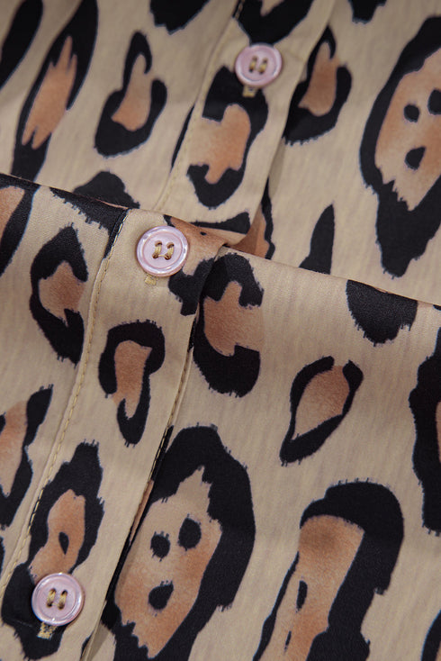 Leopard Print Balloon Sleeve Button Front Woven Blouse