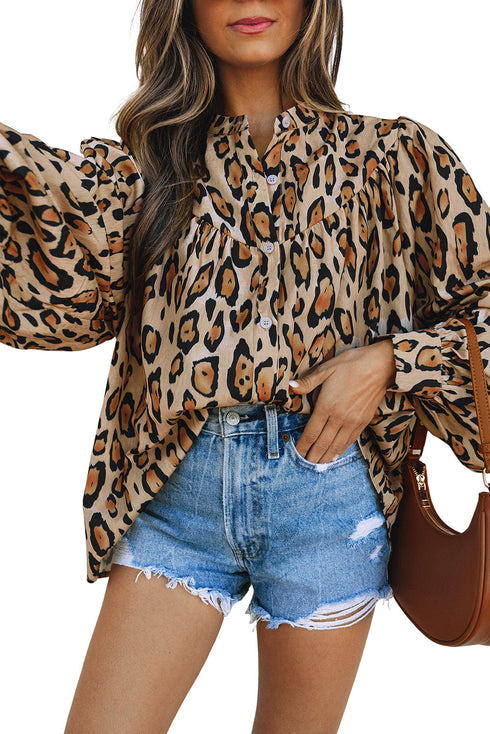 Leopard Print Balloon Sleeve Button Front Woven Blouse