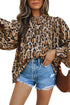 Leopard Print Balloon Sleeve Button Front Woven Blouse
