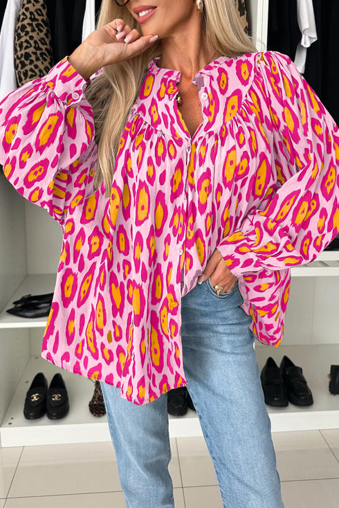 Leopard Print Balloon Sleeve Button Front Woven Blouse