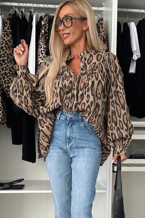 Leopard Print Balloon Sleeve Button Front Woven Blouse