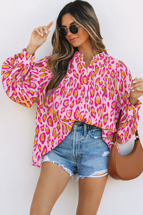 Leopard Print Balloon Sleeve Button Front Woven Blouse