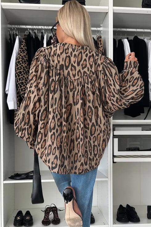 Leopard Print Balloon Sleeve Button Front Woven Blouse