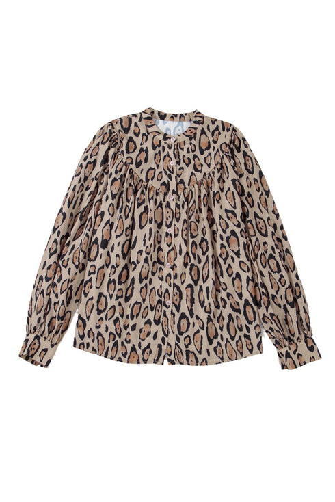 Leopard Print Balloon Sleeve Button Front Woven Blouse