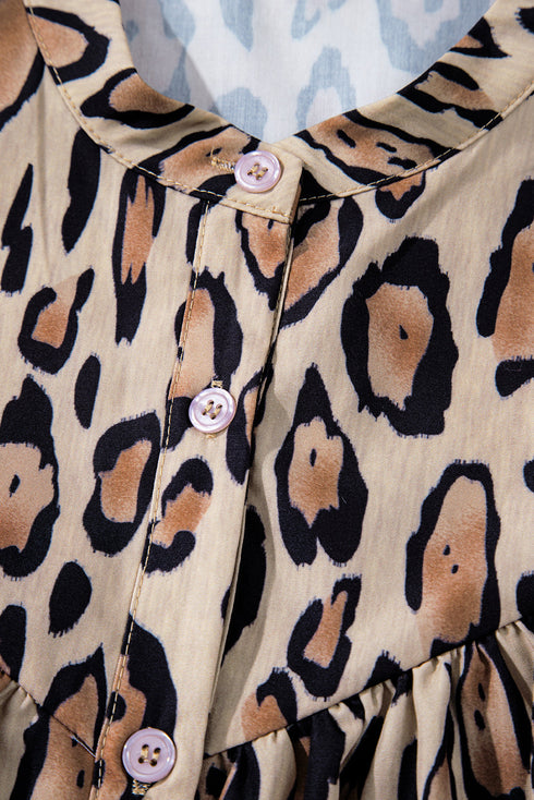 Leopard Print Balloon Sleeve Button Front Woven Blouse