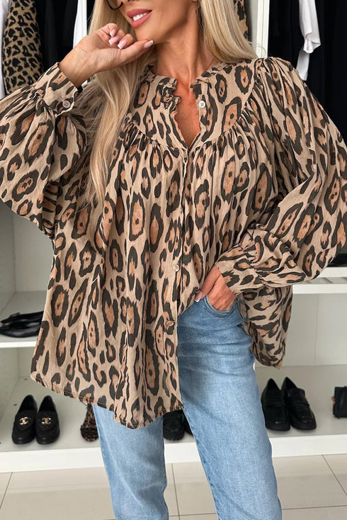 Leopard Print Balloon Sleeve Button Front Woven Blouse