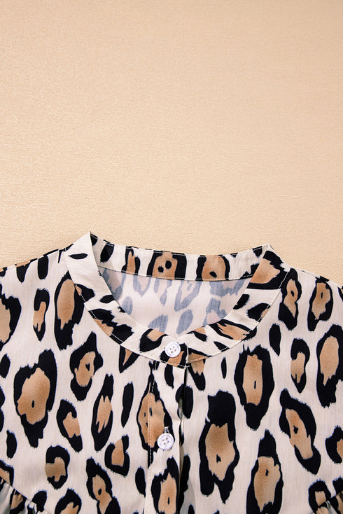 Leopard Print Balloon Sleeve Button Front Woven Blouse