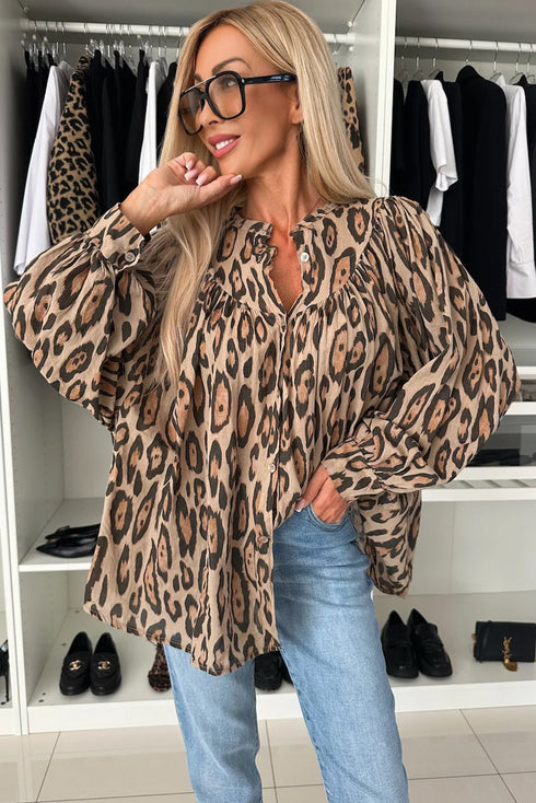 Leopard Print Balloon Sleeve Button Front Woven Blouse