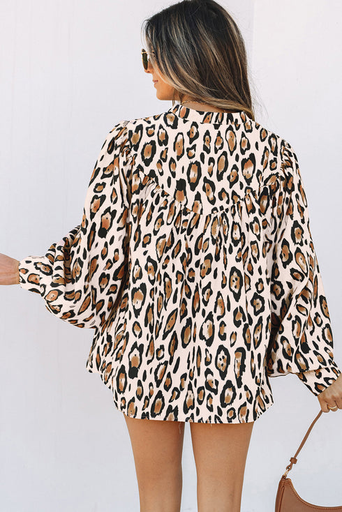 Leopard Print Balloon Sleeve Button Front Woven Blouse