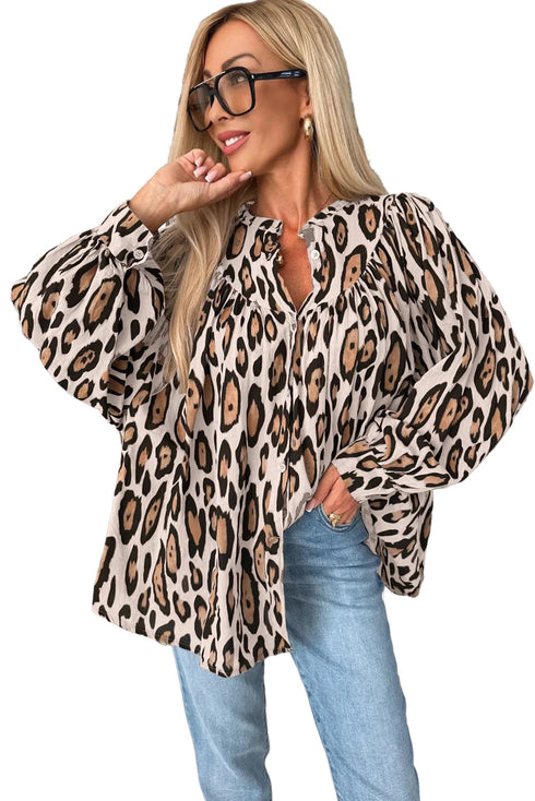 Leopard Print Balloon Sleeve Button Front Woven Blouse