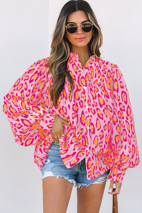 Leopard Print Balloon Sleeve Button Front Woven Blouse