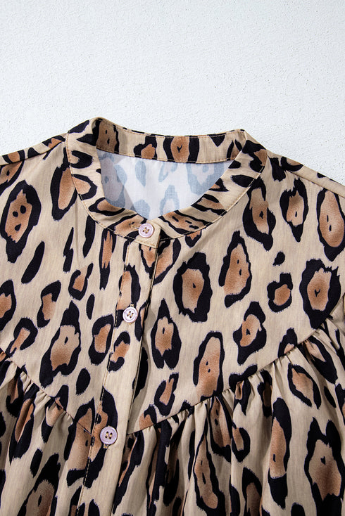 Leopard Print Balloon Sleeve Button Front Woven Blouse