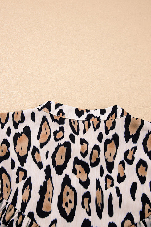 Leopard Print Balloon Sleeve Button Front Woven Blouse