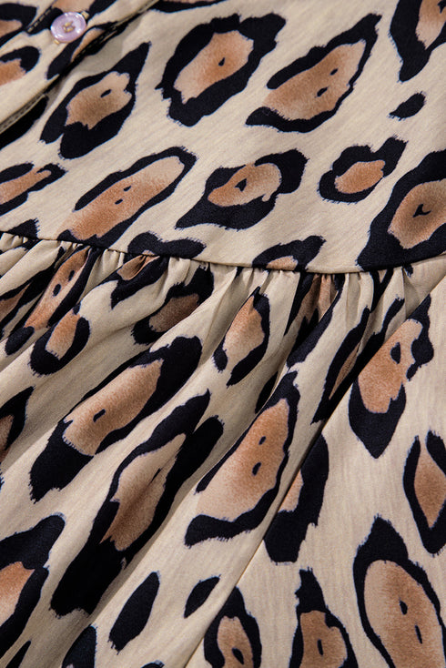 Leopard Print Balloon Sleeve Button Front Woven Blouse